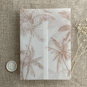 "Palm trees beach side cashmere printed vellum wrap for 5x7 card | pack of 10" - Invitation Jackets and Overlays in beige by Ivory Invitations