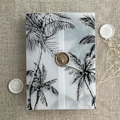 "Palm trees beach side black printed vellum wrap for 5x7 card | pack of 10" - Invitation Jackets and Overlays in black by Ivory Invitations