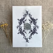 "Midnight blue print French floral crest vellum wrap for 5x7 card | pack of 10" - Invitation Jackets and Overlays in blue by Ivory Invitations