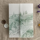 "Sage vineyard landscape sketch printed vellum wrap for 5x7 card | pack of 10" - Invitation Jackets and Overlays in green by Ivory Invitations