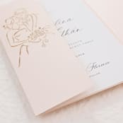 "NEW!!! Names on the Cover, Personalized Peach Metallic Laser Cut Covers for 5x7 Card | Set of 10 | Envelopes Included" - Invitation Jackets and Overlays in multicolor by Self Stationery