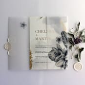 "Dark Navy floral Chelsea tropical flowers and leaves printed vellum wrap for 5x7 card | pack of 10" - Invitation Jackets and Overlays in blue by Ivory Invitations