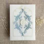 "Steel blue print French floral crest vellum wrap for 5x7 card | pack of 10" - Invitation Jackets and Overlays in blue by Ivory Invitations