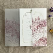 "Mauve vineyard landscape sketch printed vellum wrap for 5x7 card | pack of 10" - Invitation Jackets and Overlays in pink by Ivory Invitations