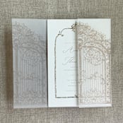 "Cashmere vintage arched gate printed vellum wrap for 5x7 card | pack of 10" - Invitation Jackets and Overlays in beige by Ivory Invitations
