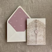 "Cashmere vintage arched gate printed vellum wrap for 5x7 card | pack of 10" - Invitation Jackets and Overlays in beige by Ivory Invitations