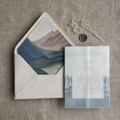 "White ink mountain sketch printed vellum wrap for 5x7 card | pack of 10" - Invitation Jackets and Overlays in white by Ivory Invitations