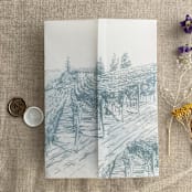"Steel blue vineyard landscape sketch printed vellum wrap for 5x7 card | pack of 10" - Invitation Jackets and Overlays in blue by Ivory Invitations