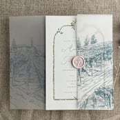 "Steel blue vineyard landscape sketch printed vellum wrap for 5x7 card | pack of 10" - Invitation Jackets and Overlays in blue by Ivory Invitations