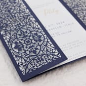 "Arabic Gatefold Wedding Laser Cut Cover for 5x7 Card | Set of 10 | Envelopes Included" - Invitation Jackets and Overlays in blue by Self Stationery
