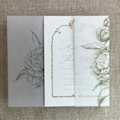 "Moss etched grand peony floral printed vellum wrap for 5x7 card  | pack of 10" - Invitation Jackets and Overlays in green by Ivory Invitations