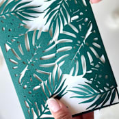 "Tropical Monstera Leaf Laser Cut Dark Green Covers for 5x7 Invitation | Set of 10| Envelopes Included" - Invitation Jackets and Overlays in green by Self Stationery