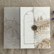 "Hazelnut vineyard landscape sketch printed vellum wrap for 5x7 card | pack of 10" - Invitation Jackets and Overlays in beige by Ivory Invitations