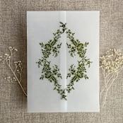 "Moss print French floral crest vellum wrap for 5x7 card | pack of 10" - Invitation Jackets and Overlays in green by Ivory Invitations