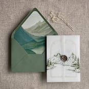 "Green mountain sketch printed vellum wrap for 5x7 card | pack of 10" - Invitation Jackets and Overlays in green by Ivory Invitations