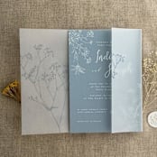 "Minimalist baby's breath flower steel blue color printed vellum wrap for 5x7 card  | pack of 10" - Invitation Jackets and Overlays in blue by Ivory Invitations