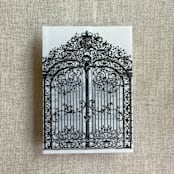 "Black vintage arched gate printed vellum wrap for 5x7 card | pack of 10" - Invitation Jackets and Overlays in black by Ivory Invitations