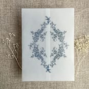 "French blue print French floral crest vellum wrap for 5x7 card | pack of 10" - Invitation Jackets and Overlays in blue by Ivory Invitations