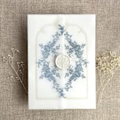 "French blue print French floral crest vellum wrap for 5x7 card | pack of 10" - Invitation Jackets and Overlays in blue by Ivory Invitations
