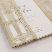 "Old Gold Great Gatsby Gatefold Laser Cut Invitation Jacket for 5x7 Card | Set of 10 | Envelopes Included" - Invitation Jackets and Overlays in gold by Self Stationery
