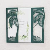 "Green Laser Cut Jacket With a Palm Tree for 5x7 Card | Set of 10 | Envelopes Included" - Invitation Jackets and Overlays in green by Self Stationery