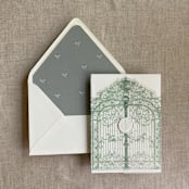 "Sage vintage arched gate printed vellum wrap for 5x7 card | pack of 10" - Invitation Jackets and Overlays in green by Ivory Invitations