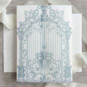 "Dusty blue ornamental gate vellum jacket for invitations | Set of 10" - Invitation Jackets and Overlays in blue by Maria Ferrer G.