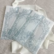 "Dusty blue ornamental gate vellum jacket for invitations | Set of 10" - Invitation Jackets and Overlays in blue by Maria Ferrer G.