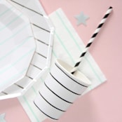 "Ink Frenchie Striped 9 oz Cups" - Paper and Plastic Cups in black by Jollity and Co