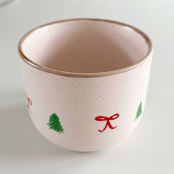 "Hand-Painted Blush Stoneware Mug with Green Christmas Trees and Dainty Red Bows" - Mugs and Teacups in pink by Nicoletta Savod
