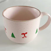 "Hand-Painted Blush Stoneware Mug with Green Christmas Trees and Dainty Red Bows" - Mugs and Teacups in pink by Nicoletta Savod