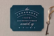 "Address Logo" - Moving Announcements in Navy by Phrosné Barwood - Front