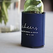 "Custom Cheers to the new couple wedding can beer sleeves, set of 50" - Favors in black by Rook Design Co