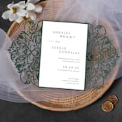 "Qty of 50 Custom Emerald Shimmer Exquisite Lace Laser Cut | Other Color Options Available" - Invitation Pockets in green by Papel Custom Design