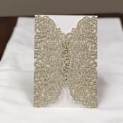 "Qty of 50 Custom Champagne Gold Glitter Rose Design Laser Cut | Other Color Options Available" - Invitation Pockets in pink by Papel Custom Design