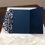 "Qty of 50 Custom Navy Shimmer Classic Lace Tri-fold Laser Cut | Other Color Options Available" - Invitation Pockets in white by Papel Custom Design