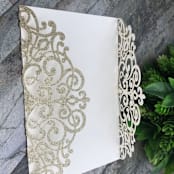 "Qty of 50 Custom Stunning Lace Glitter Champagne Gold Laser Cut Gatefold | Other Color Options Available" - Invitation Pockets in green by Papel Custom Design