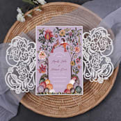 "Qty of 50 Custom Fabulous Asymmetrical Rose Design Laser Cut Wedding Invitation | Other Color Options Available" - Invitation Pockets in pink by Papel Custom Design