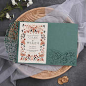 "Qty of 50 Custom Gorgous Open Lace Emerald Shimmer Pocket | Other Color Options Available" - Invitation Pockets in green by Papel Custom Design