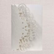 "Qty of 50 Custom Ivory Shimmer Lace Embossing Tri-fold Laser Cut | Other Color Options Available" - Invitation Pockets in beige by Papel Custom Design