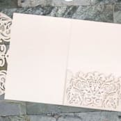"Qty of 50 Custom Blush Shimmer Classic Lace Tri-fold Laser Cut | Other Color Options Available" - Invitation Pockets in black by Papel Custom Design