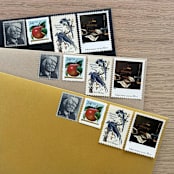 "73 cents . Apples & Books vintage postage stamps . Set of 5" - Postage Stamps in multicolorassorted-colors by Kristen Melchor