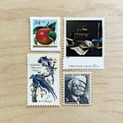 "73 cents . Apples & Books vintage postage stamps . Set of 5" - Postage Stamps in multicolorassorted-colors by Kristen Melchor