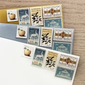 "92 cents . Gold and Blue vintage postage stamps . Set of 5" - Postage Stamps in gold by Kristen Melchor