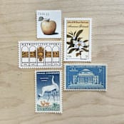 "92 cents . Gold and Blue vintage postage stamps . Set of 5" - Postage Stamps in gold by Kristen Melchor