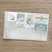 "92 cents . Gold and Blue vintage postage stamps . Set of 5" - Postage Stamps in gold by Kristen Melchor