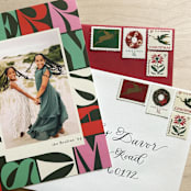 "75 cents . Christmas Wreath Vintage Postage Stamps . Set of 5" - Postage Stamps in red by Kristen Melchor