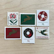 "75 cents . Christmas Wreath Vintage Postage Stamps . Set of 5" - Postage Stamps in red by Kristen Melchor