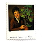 "Rembrandt Peale's "Rubens Peale with a Geranium" Postage Stamps | Four Centuries of American Art Series | Vintage Unused USPS Postage 32c | Pack of 10" - Postage Stamps in brown by Jennifer Kramer