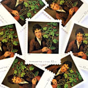 "Rembrandt Peale's "Rubens Peale with a Geranium" Postage Stamps | Four Centuries of American Art Series | Vintage Unused USPS Postage 32c | Pack of 10" - Postage Stamps in brown by Jennifer Kramer